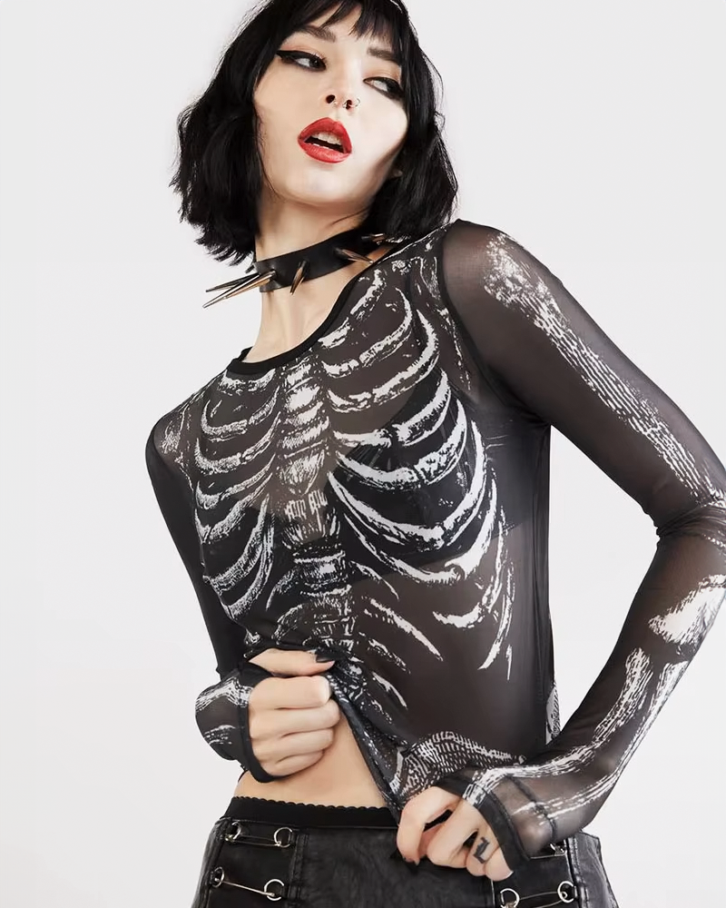 Long Sleeve Skeleton Crop Top